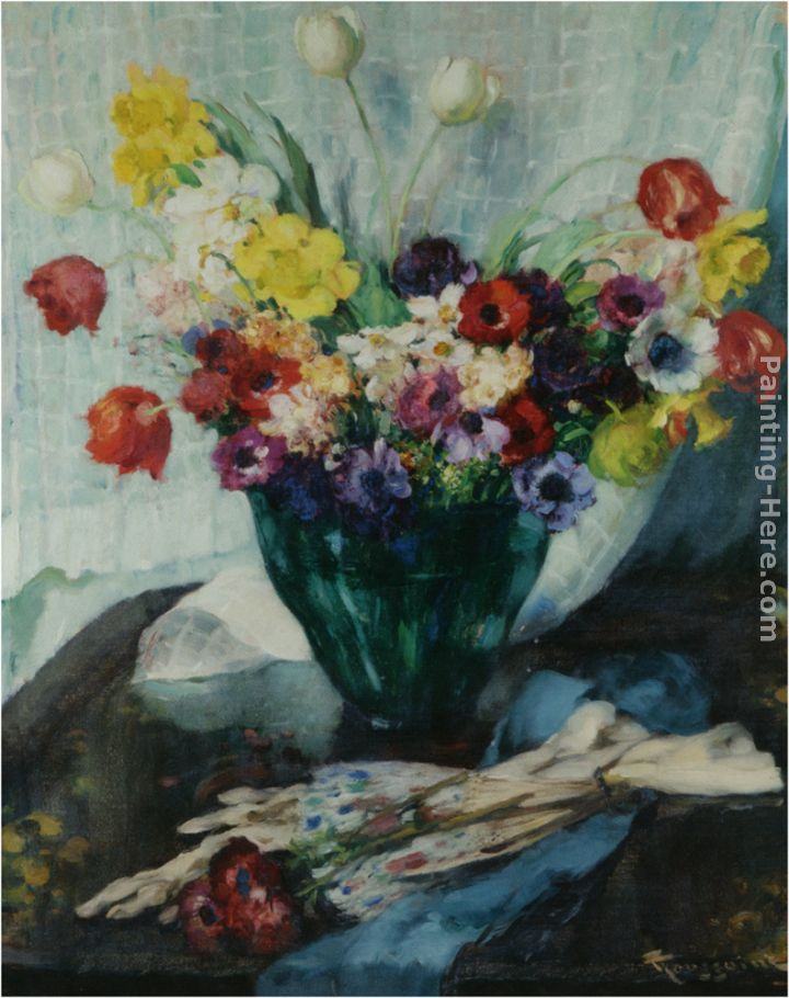 Fernand Toussaint Vase de Fleurs et Rideau Blanc